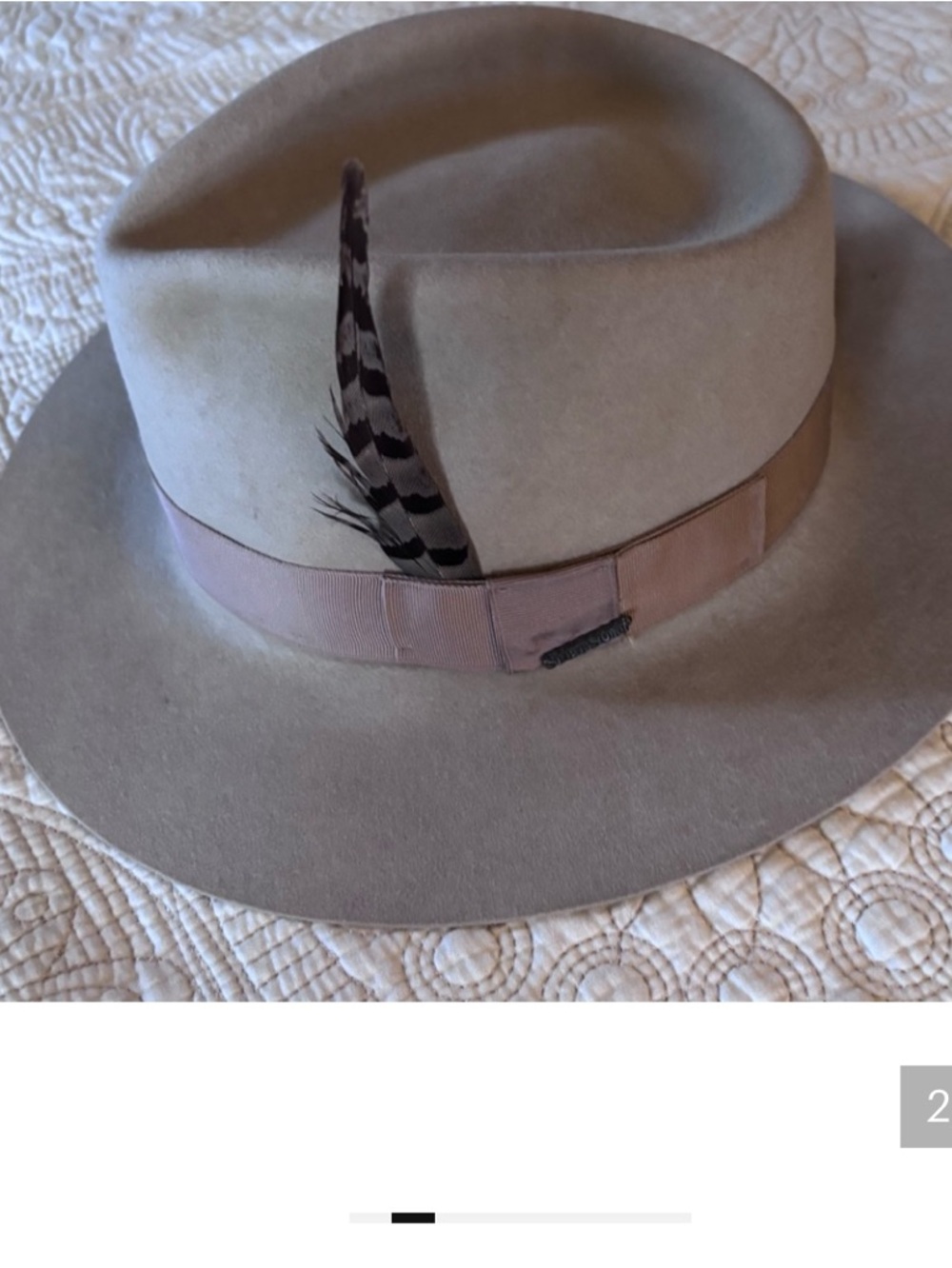 Stetson Taupe Wool Felt Fedora with Feather Trim